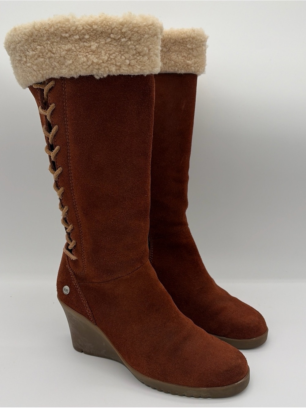 UGG Felicity Boots 6 Dark Brown Wedge Shearling Suede Mid Calf Festival Boho